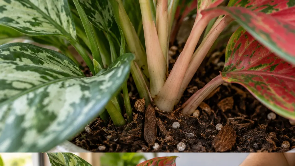 Detalhe de folhas, caule e substrato de Aglaonema