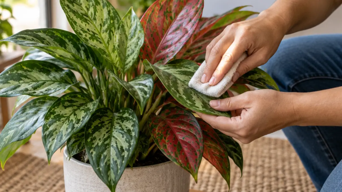 Pessoa realizando cuidado seguro em Aglaonema