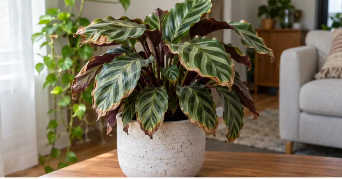 Cena editorial relacionada a Calathea com folhas queimadas ou bordas marrons como recuperar a planta