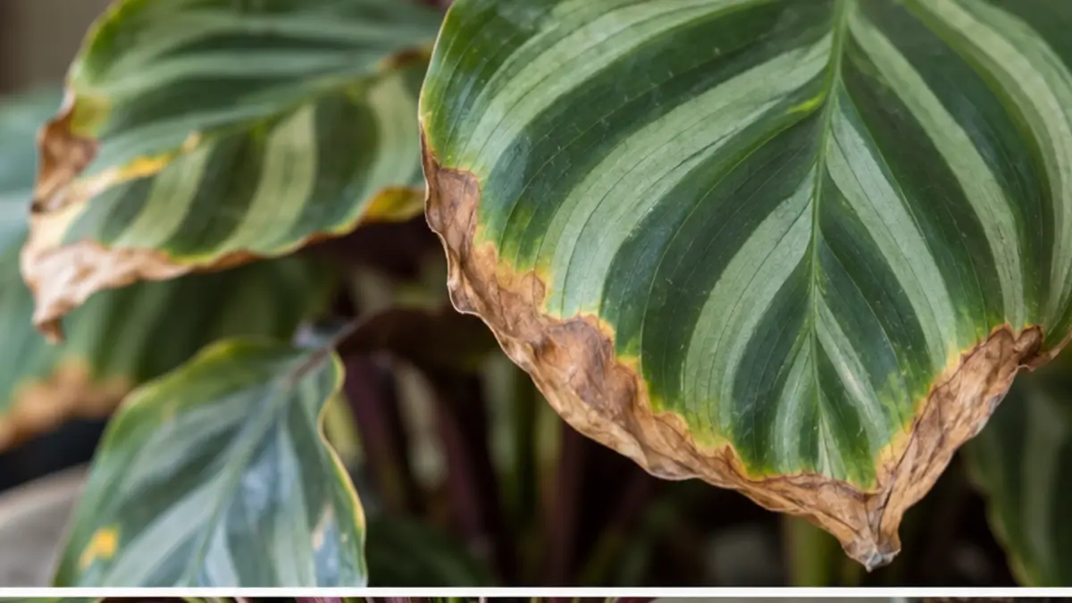 Detalhe prático relacionado a Calathea com folhas queimadas ou bordas marrons como recuperar a planta