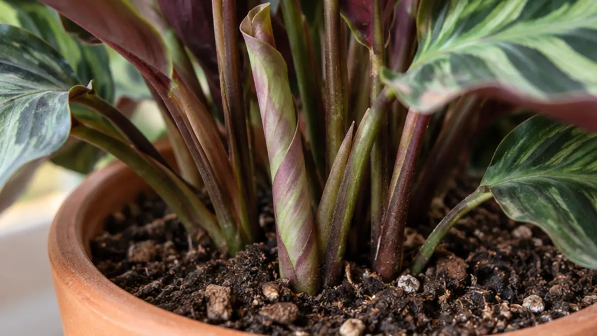 Detalhe de folhas, caule e substrato de Calathea