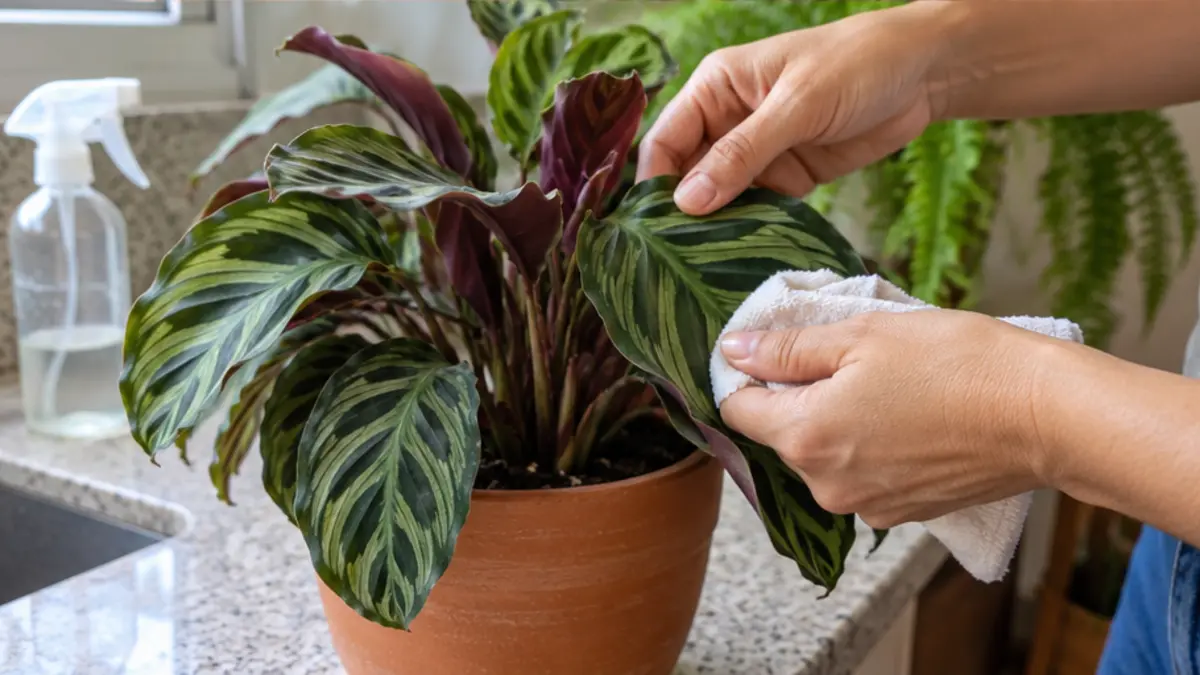 Pessoa realizando cuidado seguro em Calathea