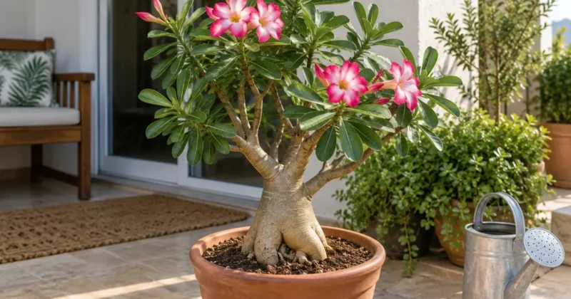 Rosa do Deserto em vaso ilustrando cuidados cotidianos