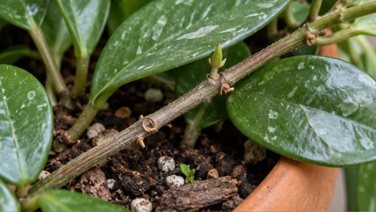 Detalhe de folhas, caule e substrato de Hoya