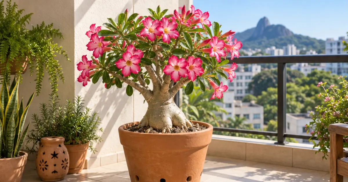 Cena editorial relacionada a Como cuidar da Rosa do Deserto em vaso rega, sol, substrato e adubação