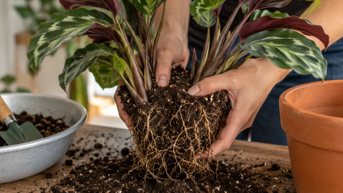 Pessoa realizando cuidado seguro em Calathea