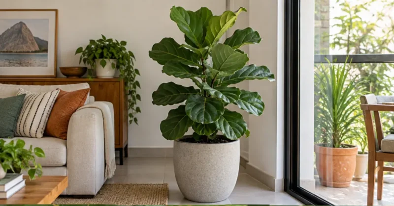Ficus lyrata em vaso ilustrando crescimento e multiplicação
