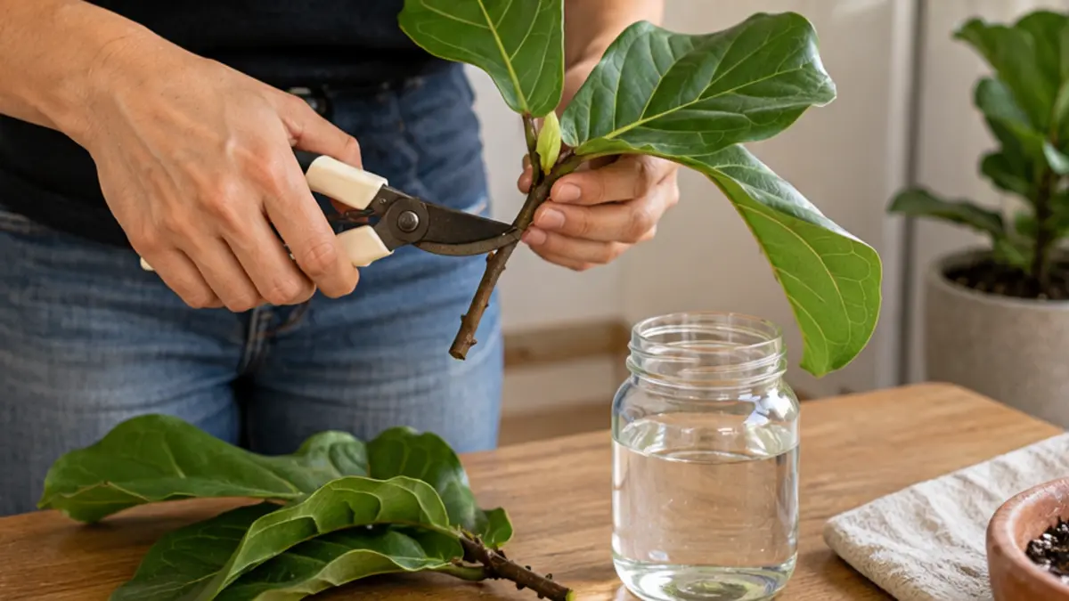 Pessoa realizando cuidado seguro em Ficus lyrata