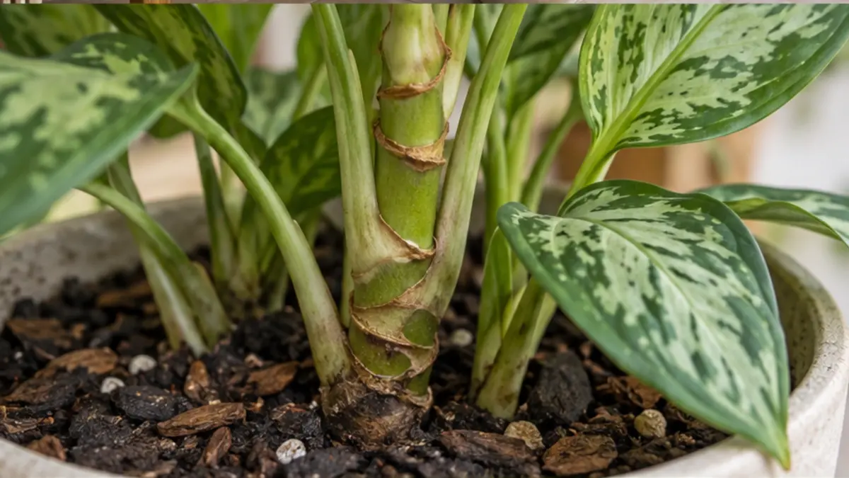 Detalhe de folhas, caule e substrato de Aglaonema