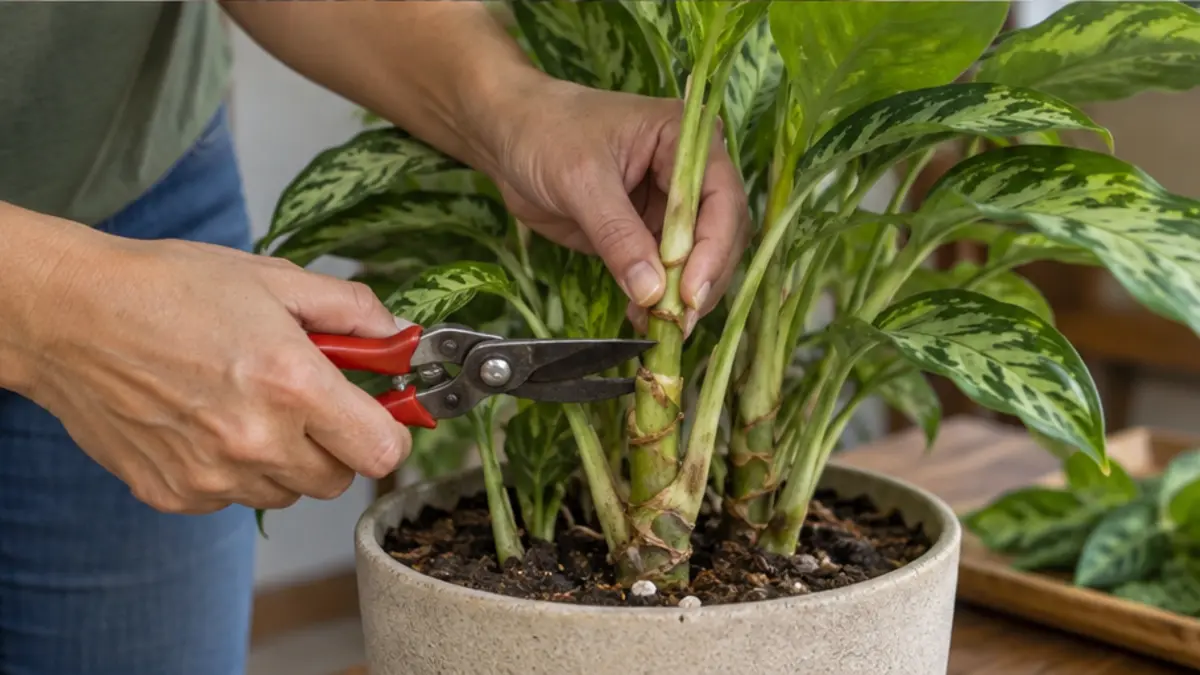 Pessoa realizando cuidado seguro em Aglaonema