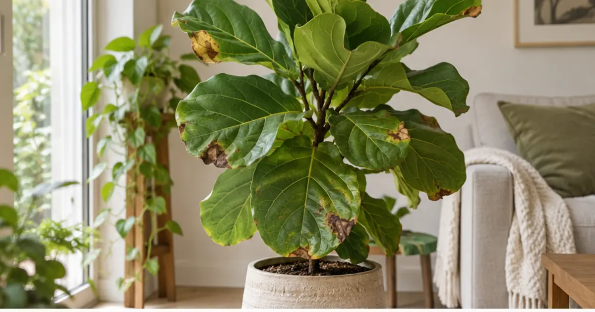 Cena editorial relacionada a Ficus lyrata com manchas marrons nas folhas causas possíveis e cuidados