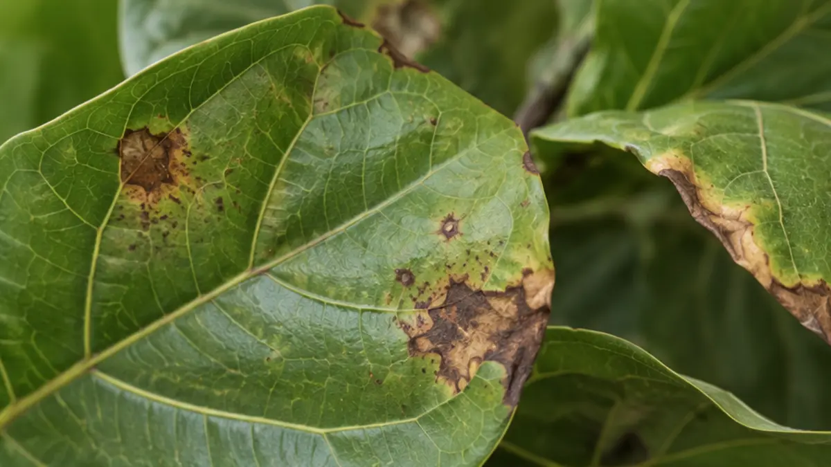 Detalhe prático relacionado a Ficus lyrata com manchas marrons nas folhas causas possíveis e cuidados