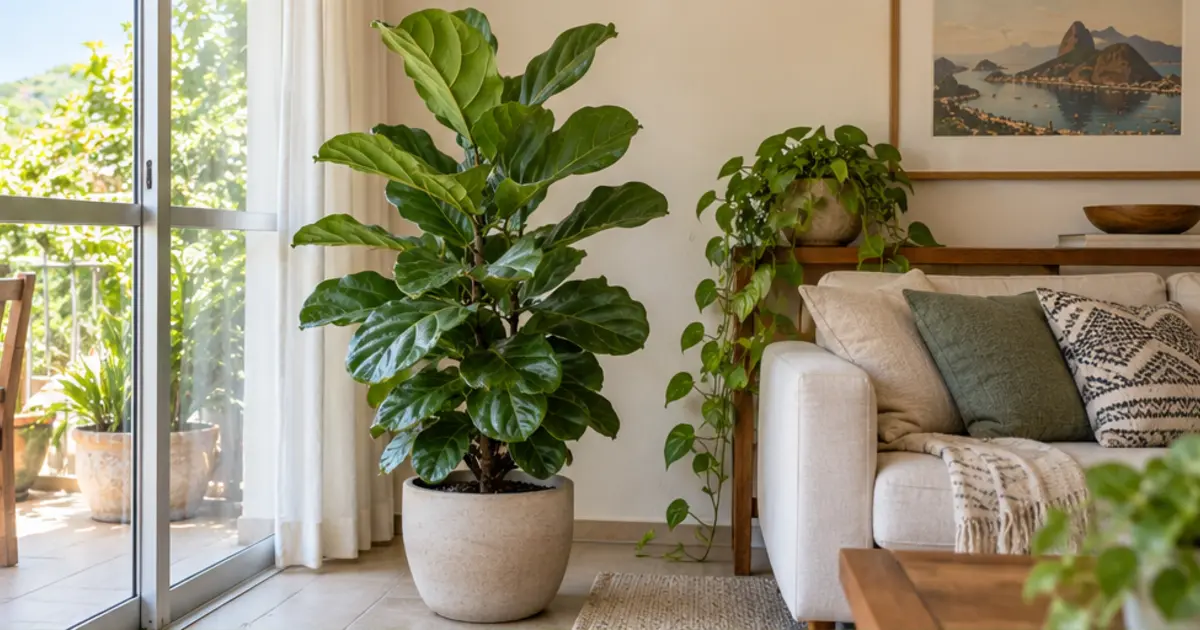 Ficus lyrata em vaso ilustrando identificação e diferenças