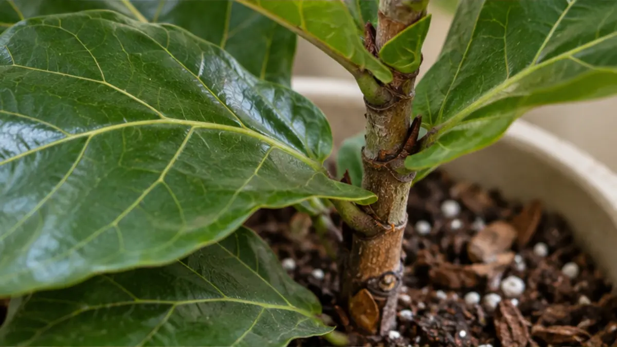 Detalhe de folhas, caule e substrato de Ficus lyrata