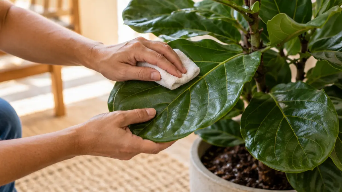 Pessoa realizando cuidado seguro em Ficus lyrata