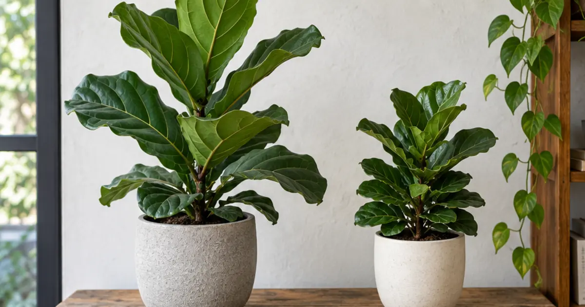 Cena editorial relacionada a Ficus lyrata tradicional ou Bambino como identificar e escolher