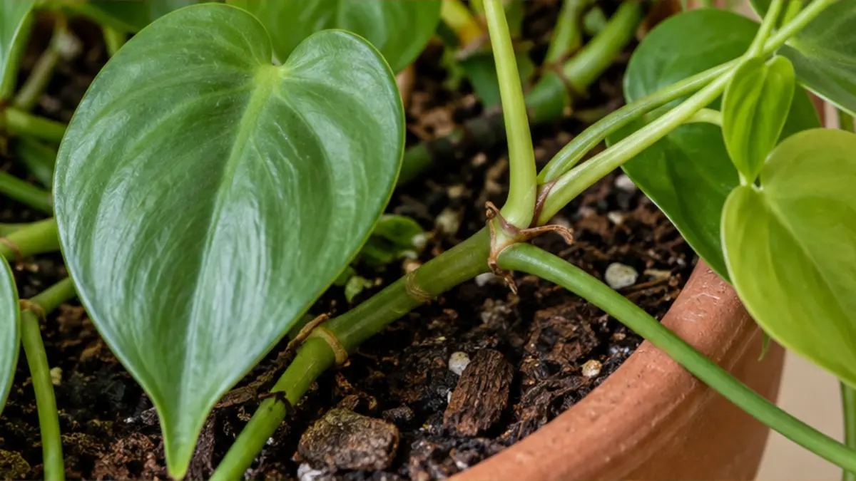 Detalhe de folhas, caule e substrato de Filodendro-coração