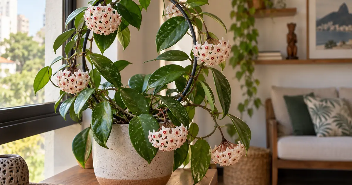 Hoya carnosa adulta com flores cerosas conduzida em suporte próximo de janela