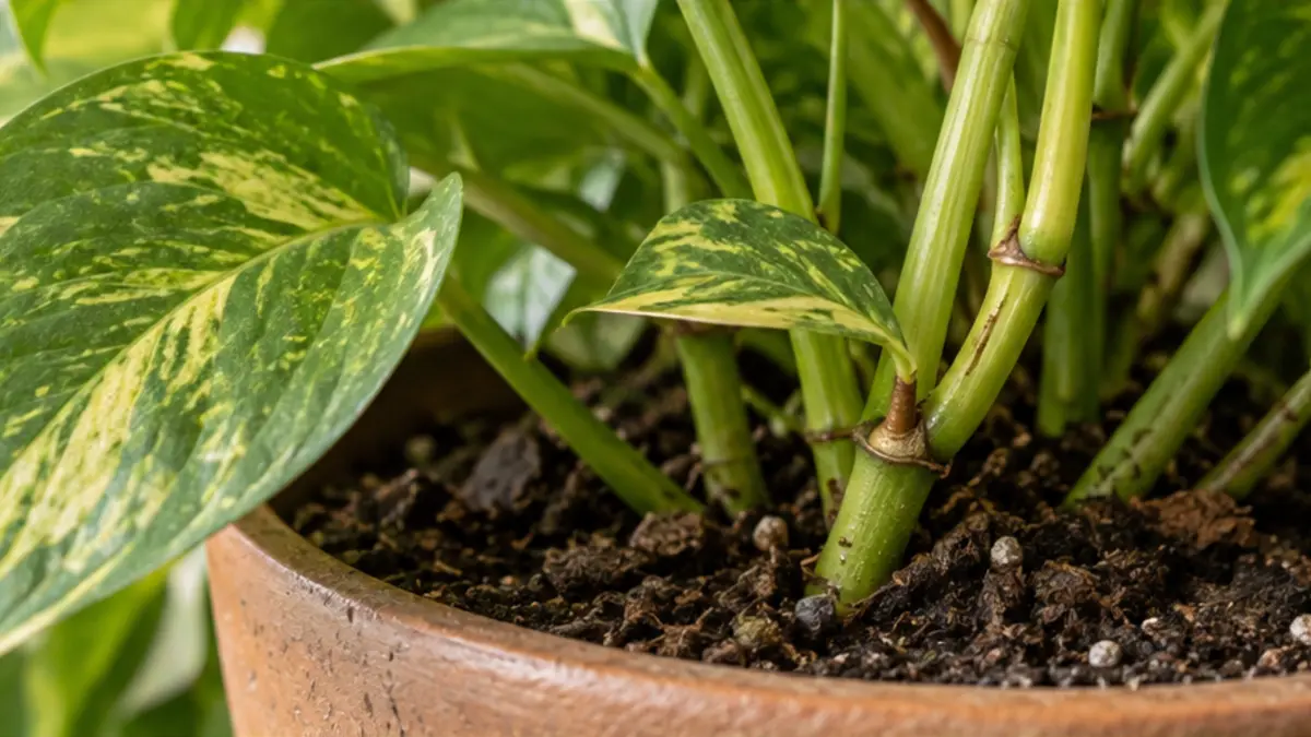 Detalhe de folhas, caule e substrato de Jiboia