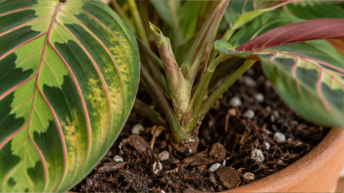 Detalhe de folhas, caule e substrato de Maranta