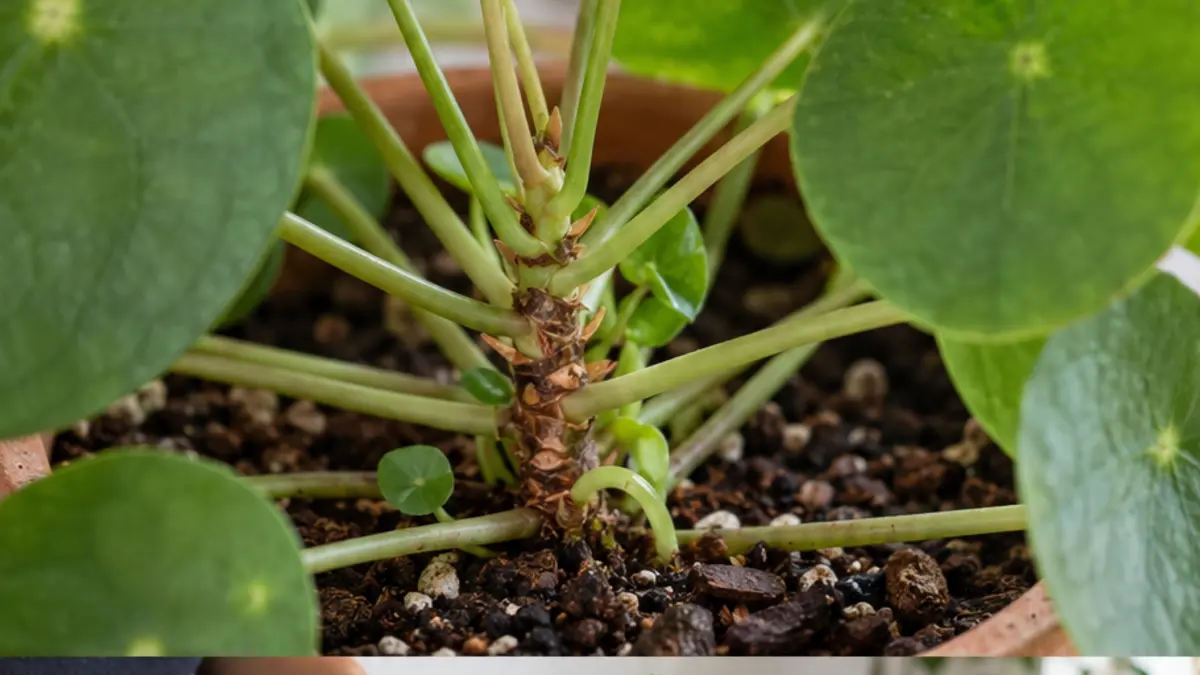 Detalhe de folhas, caule e substrato de Pilea