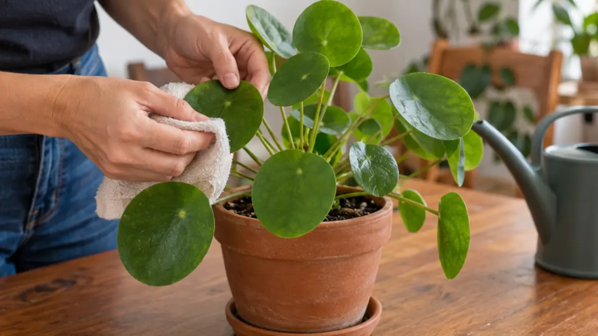 Pessoa realizando cuidado seguro em Pilea