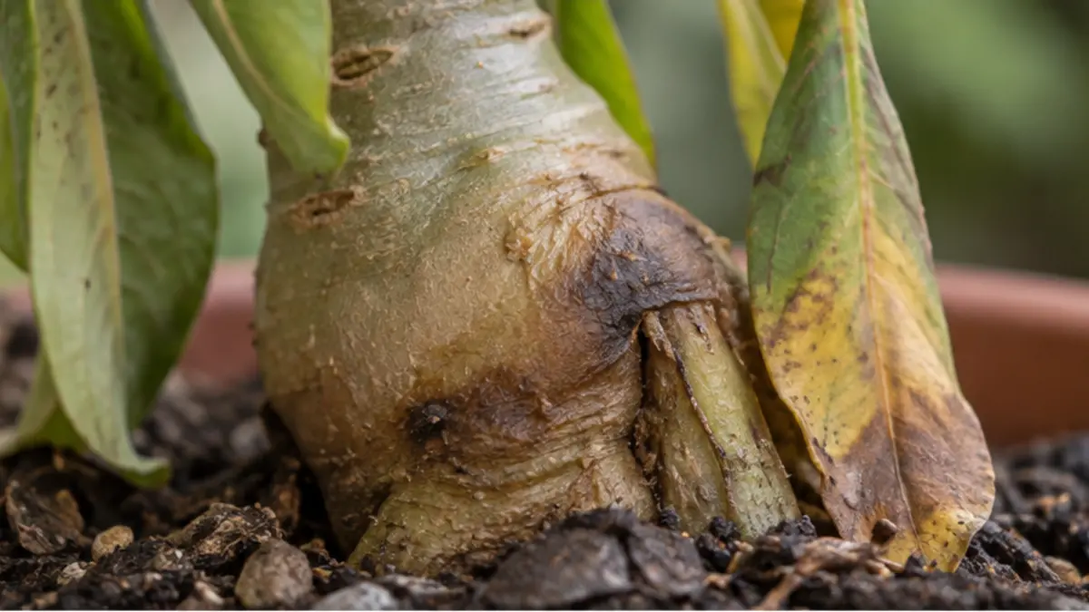 Detalhe prático relacionado a Rosa do Deserto com caule mole como avaliar apodrecimento e excesso de água