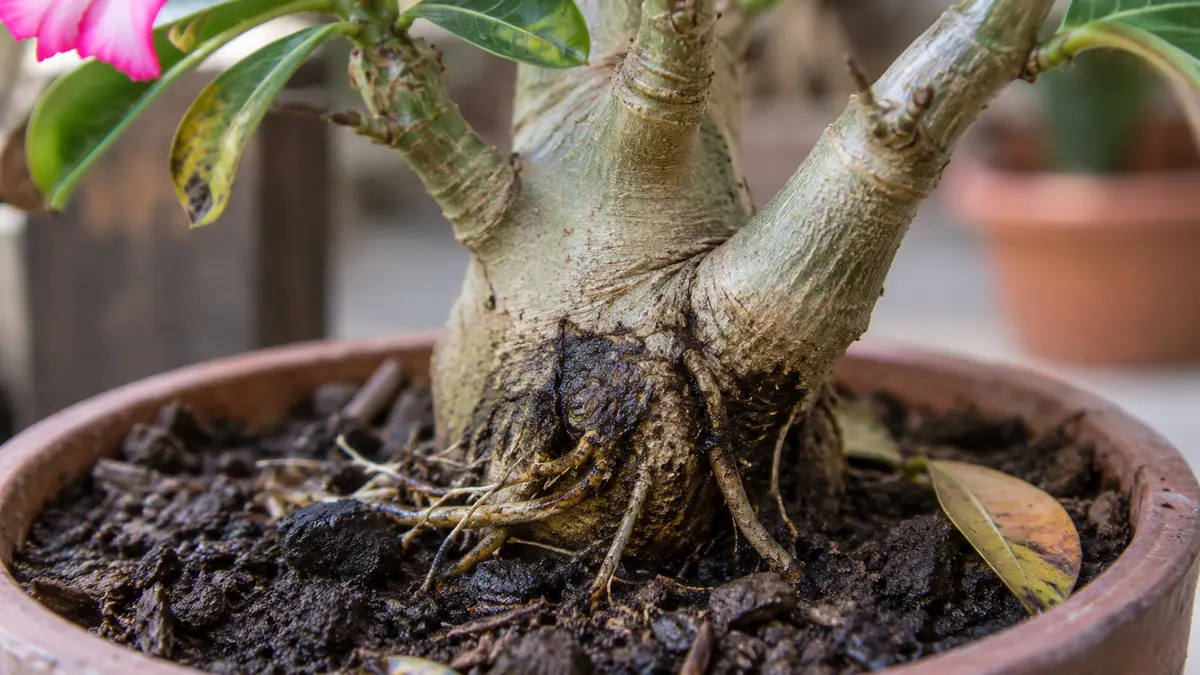 Detalhe de folhas, caule e substrato de Rosa do Deserto