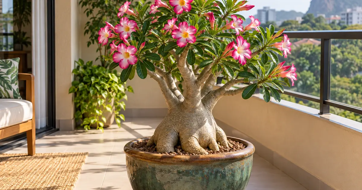 Rosa do Deserto adulta com flores rosas em vaso sobre varanda ensolarada