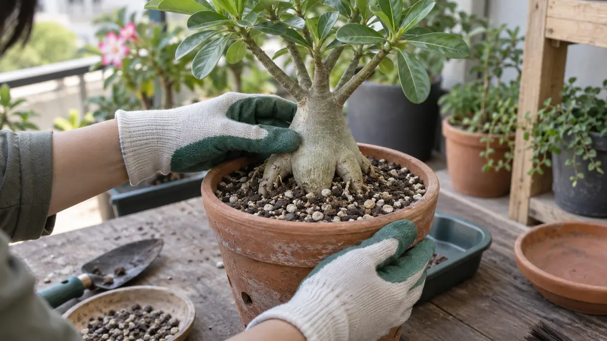 Pessoa com luvas verificando caudex, substrato e drenagem de Rosa do Deserto em vaso