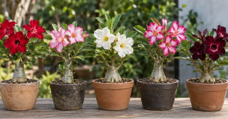 Cena editorial relacionada a Tipos de Rosa do Deserto como diferenciar flores, formas e cultivares