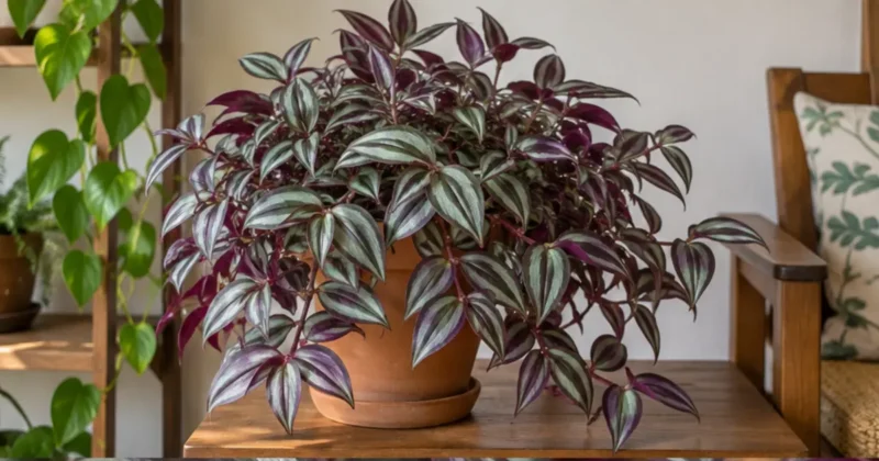 Tradescantia zebrina em vaso ilustrando identificação e diferenças