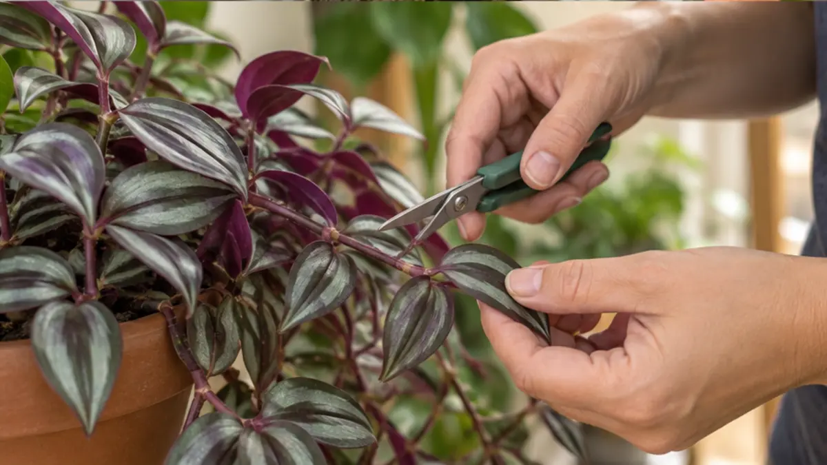 Pessoa realizando cuidado seguro em Tradescantia zebrina