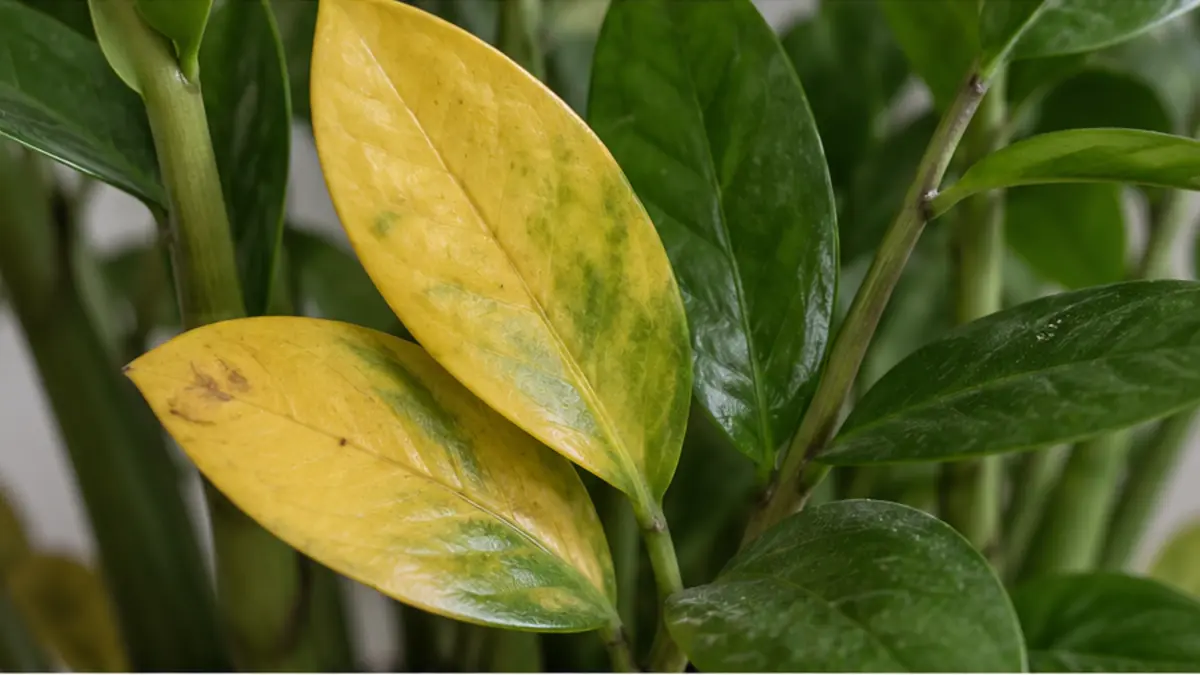 Detalhe prático relacionado a Zamioculca com folhas amarelas excesso de água ou envelhecimento natural